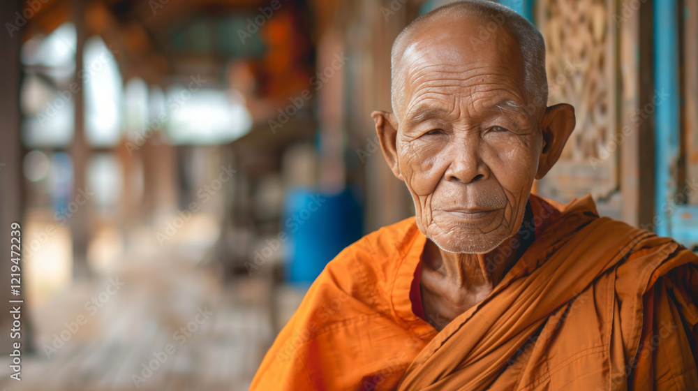 Man in an orange robe sits on a porch Man in an orange robe sits on a porch