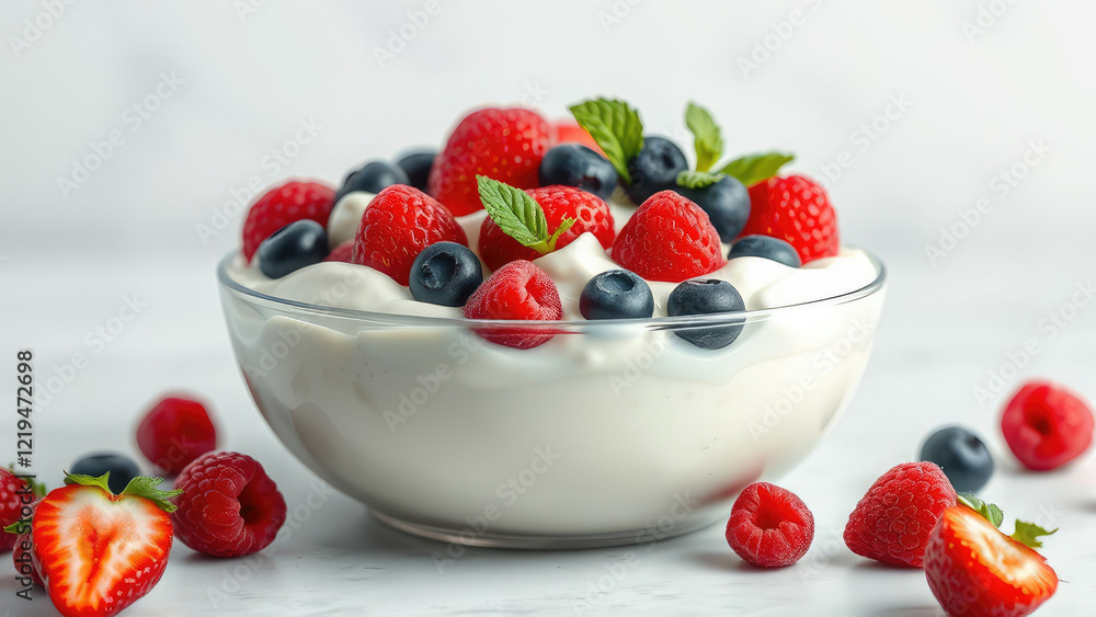 Delicious Greek yogurt served with a medley of ripe berries, eating healthy, ripe Delicious Greek yogurt served with a medley of ripe berries, eating healthy, ripe