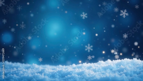Bokeh snowflakes falling on a blue holiday background with stars, sparkling, winter