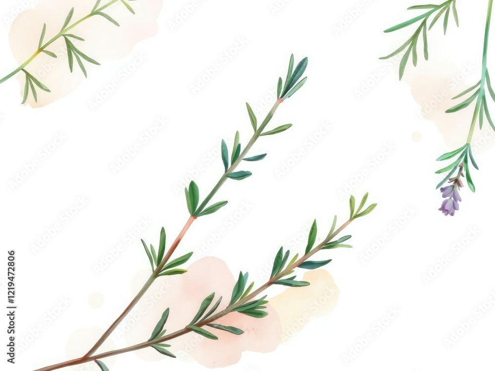 Delicate watercolor illustration of a sprig of fresh rosemary, thyme, or lavender surrounded by soft colors and gentle brushstrokes on a creamy white background, botanicals, flowers, garden Delicate watercolor illustration of a sprig of fresh rosemary, thyme, or lavender surrounded by soft colors and gentle brushstrokes on a creamy white background, botanicals, flowers, garden