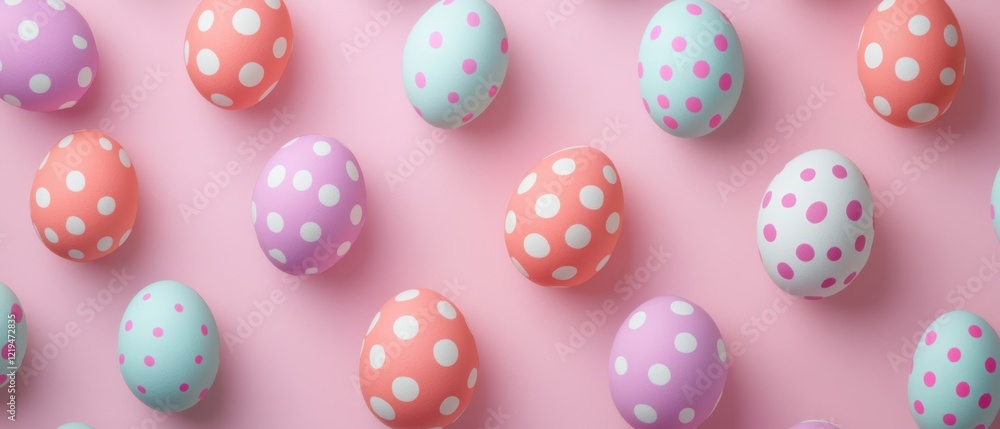 A vibrant collection of painted Easter eggs displayed on a soft pink background. A vibrant collection of painted Easter eggs displayed on a soft pink background.