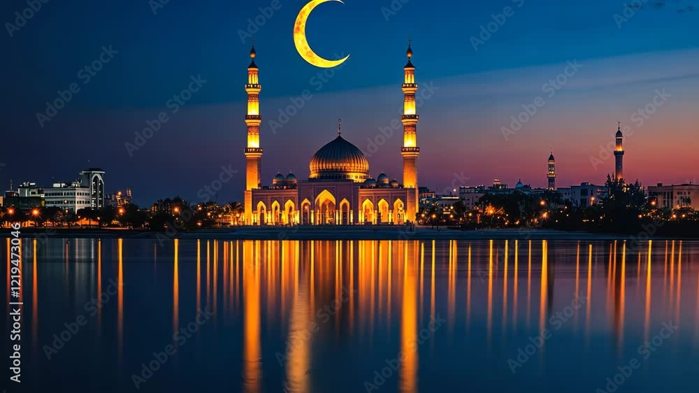Majestic Mosque with Crescent Moon Reflection at Sunset. Ramadan Background. Majestic Mosque with Crescent Moon Reflection at Sunset. Ramadan Background.