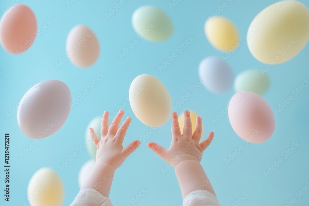 Colorful eggs soar through the air, playfully caught by a baby's outstretched hands during the joyful Easter celebration. Colorful eggs soar through the air, playfully caught by a baby's outstretched hands during the joyful Easter celebration.
