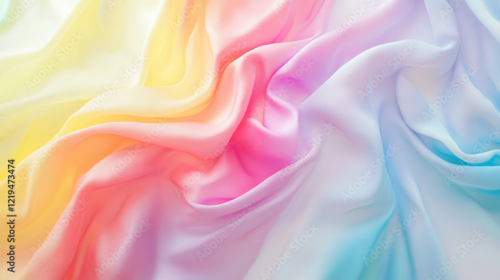 Soft, flowing fabric with gradient of pastel colors including yellow, pink, and blue, creating serene and calming visual effect. Ideal for backgrounds or textile designs Soft, flowing fabric with gradient of pastel colors including yellow, pink, and blue, creating serene and calming visual effect. Ideal for backgrounds or textile designs