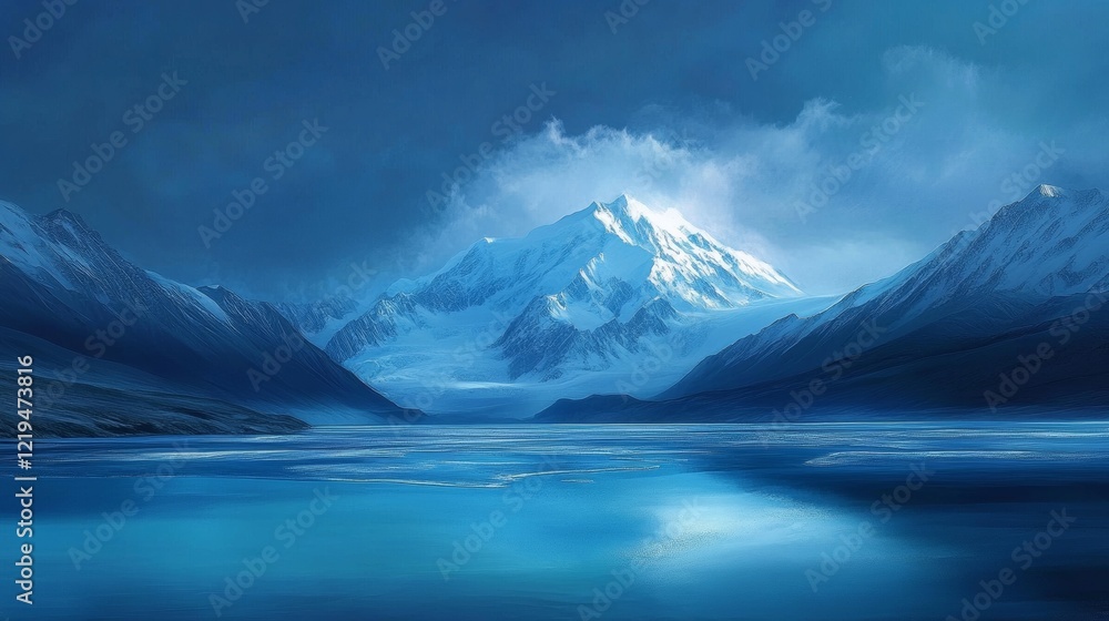 Fototapeta premium New Zealand's tallest mountain, Mount Cook, overlooks Lake Pukaki in the Otago Alps. Lake Pukaki's vibrant blue color is created by tiny ice particles.
