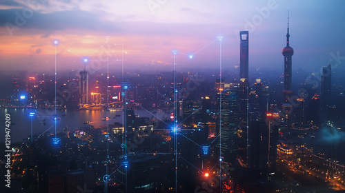 Wallpaper Mural Smart digital Innovation city with connection network reciprocity over the twilight cityscape. of future smart wireless digital city and social media networking systems that connects people with city
 Torontodigital.ca