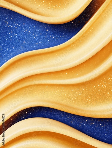 Golden Waves on Blue Glitter - Abstract image of flowing gold waves on a sparkling blue background.  Luxury, elegant, and textured. photo