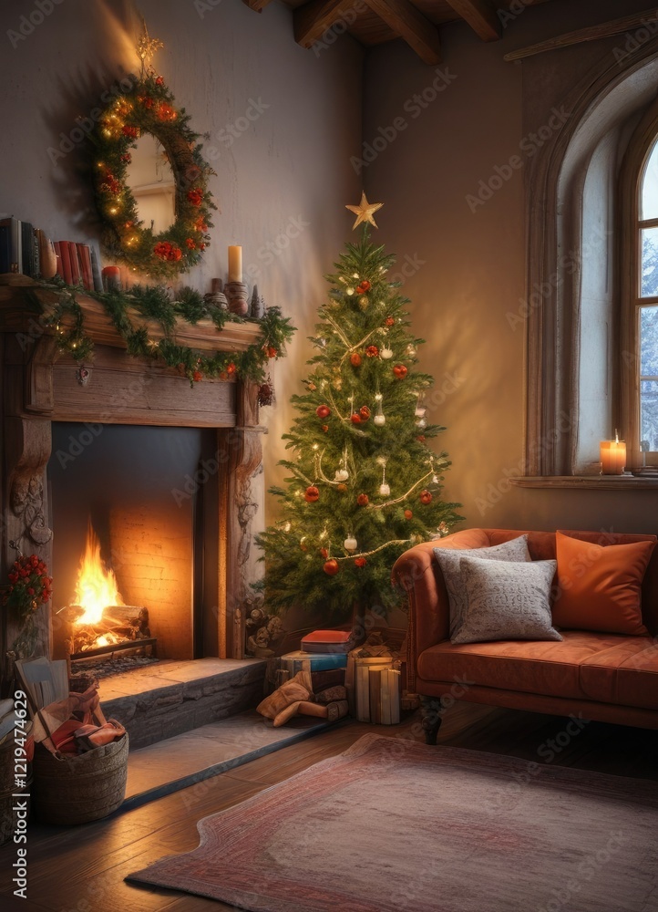 Cozy reading nook with a decorated tree and fireplace, decorated tree, reading nook Cozy reading nook with a decorated tree and fireplace, decorated tree, reading nook
