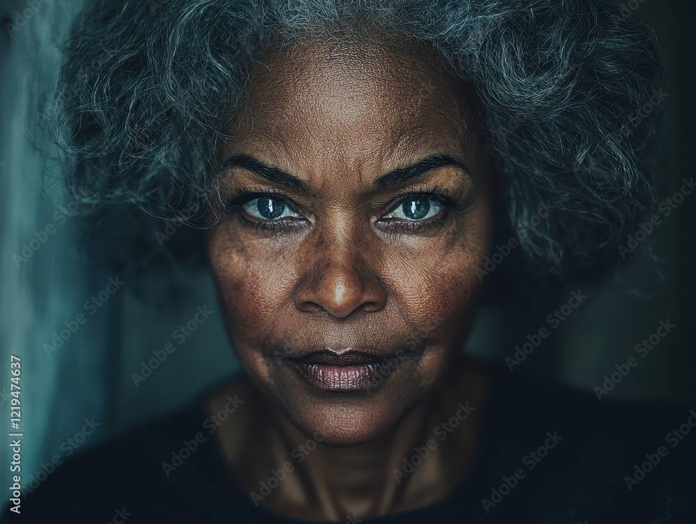 Fototapeta premium Close-up of an older African American woman with confident expression and natural gray hair, captured in cinematic detail with bright eyes and symmetrical framing