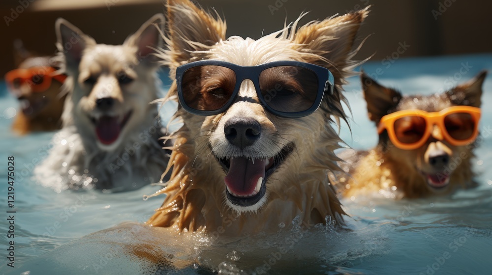Joyful Dogs Swimming in a Pool with Stylish Sunglasses Joyful Dogs Swimming in a Pool with Stylish Sunglasses