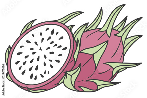 Dragon fruit, vibrant pink and green, tropical exotic fruit, cross-section, white flesh with black seeds, stylized illustration, minimalist design, bold colors, clean lines, graphic art style, botanic