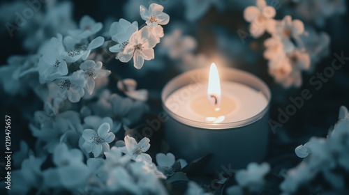 Lit candle surrounded by blossoms, remembrance, peaceful scene, sympathy card