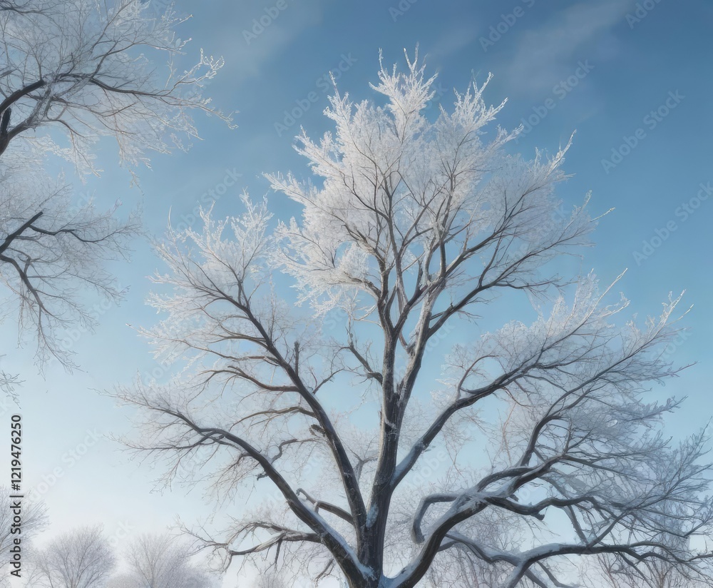 frosted tree branches stretching towards the sky under a pale blue winter sky, snow, serene, peaceful frosted tree branches stretching towards the sky under a pale blue winter sky, snow, serene, peaceful