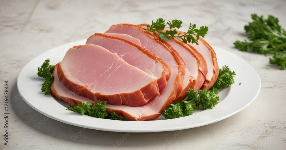 Freshly cut ham served on a simple white plate with a sprig of parsley , food, minimalism Freshly cut ham served on a simple white plate with a sprig of parsley , food, minimalism