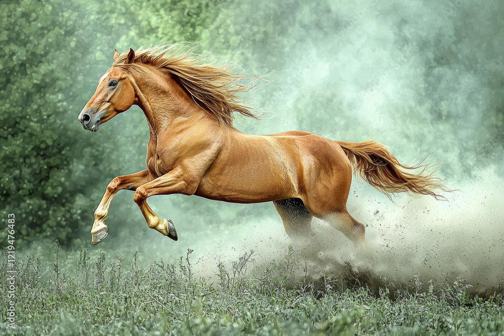 Obraz premium magnificent horse gallops freely across lush meadow raising clouds of dust and grass each powerful stride vibrant and dynamic lighting captures beauty of nature.