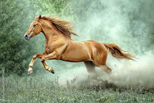 magnificent horse gallops freely across lush meadow raising clouds of dust and grass each powerful stride vibrant and dynamic lighting captures beauty of nature. photo