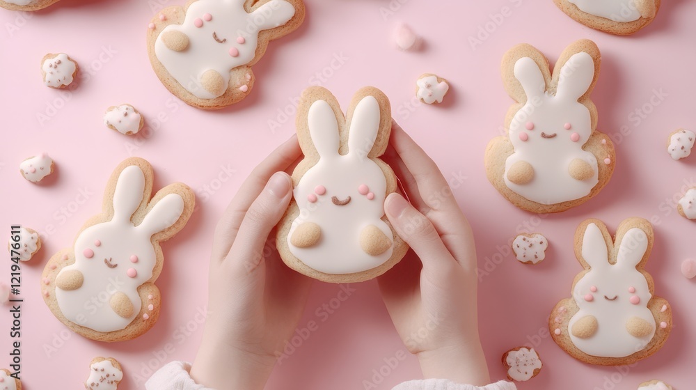 Obraz premium A hand holds a decorated cookie with white frosting against a vibrant pink background, perfect for Easter celebrations.