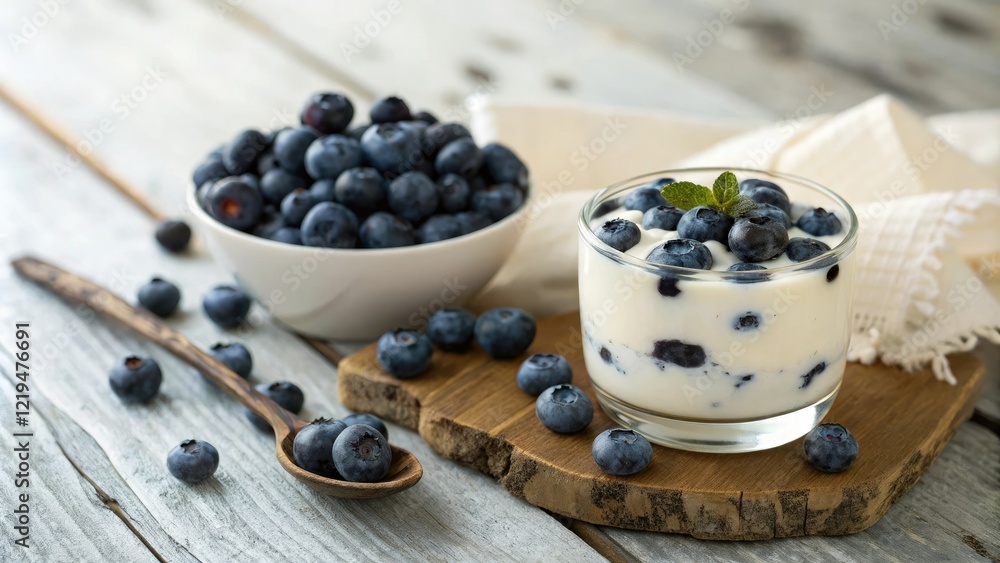 Fresh blueberries and yogurt parfait on a rustic wooden table, snack, parfait Fresh blueberries and yogurt parfait on a rustic wooden table, snack, parfait
