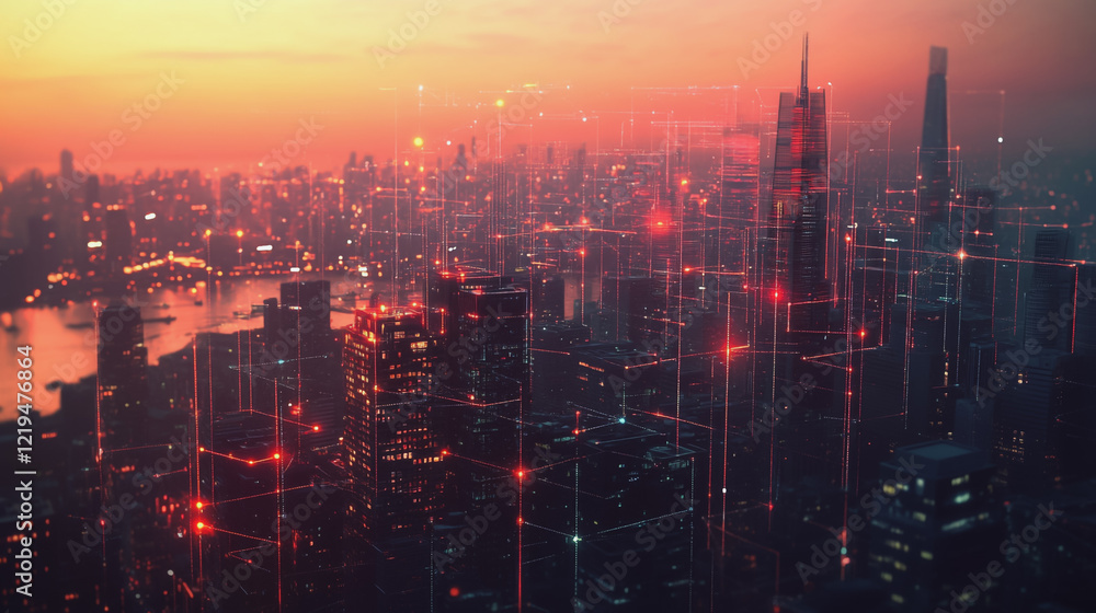 Fototapeta premium Smart digital Innovation city with connection network reciprocity over the twilight cityscape. of future smart wireless digital city and social media networking systems that connects people with city 