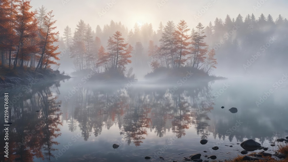 Foggy morning atmosphere over the lake's surface, morning, atmosphere Foggy morning atmosphere over the lake's surface, morning, atmosphere