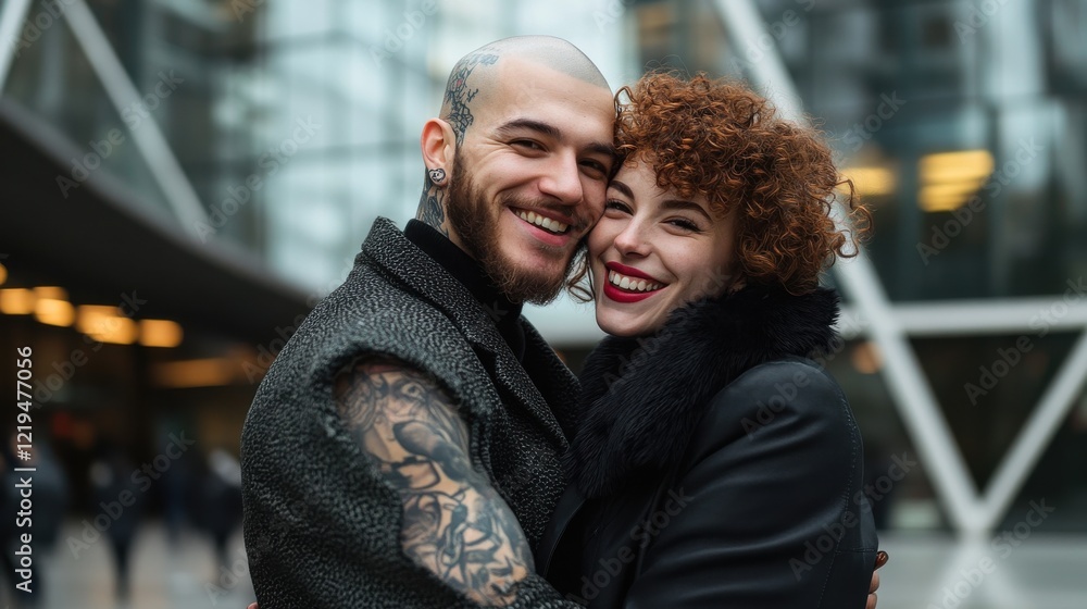 Happy couple hugging and smiling outdoors in urban environment with modern architecture Happy couple hugging and smiling outdoors in urban environment with modern architecture