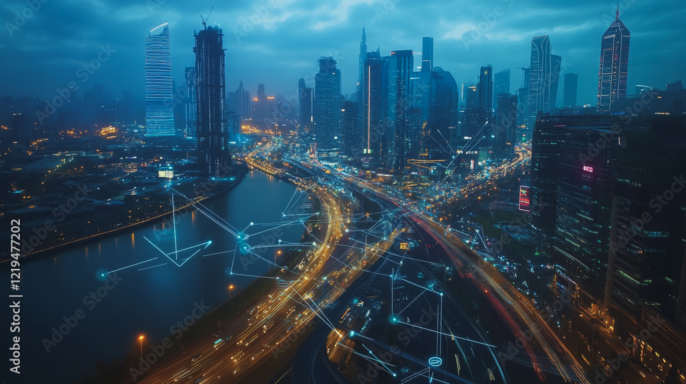 Obraz premium Smart digital Innovation city with connection network reciprocity over the twilight cityscape. of future smart wireless digital city and social media networking systems that connects people with city 