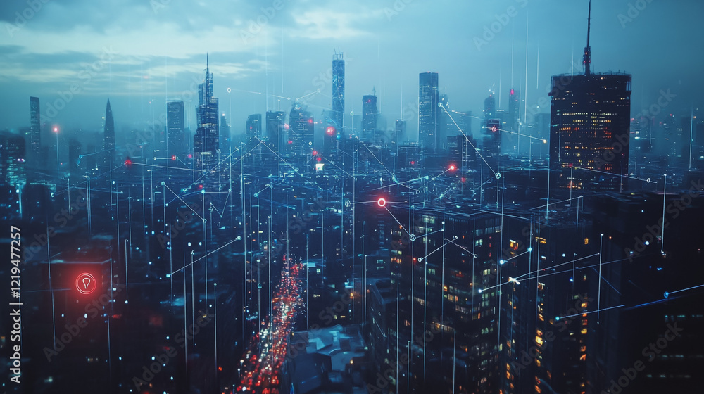 Fototapeta premium Smart digital Innovation city with connection network reciprocity over the twilight cityscape. of future smart wireless digital city and social media networking systems that connects people with city 