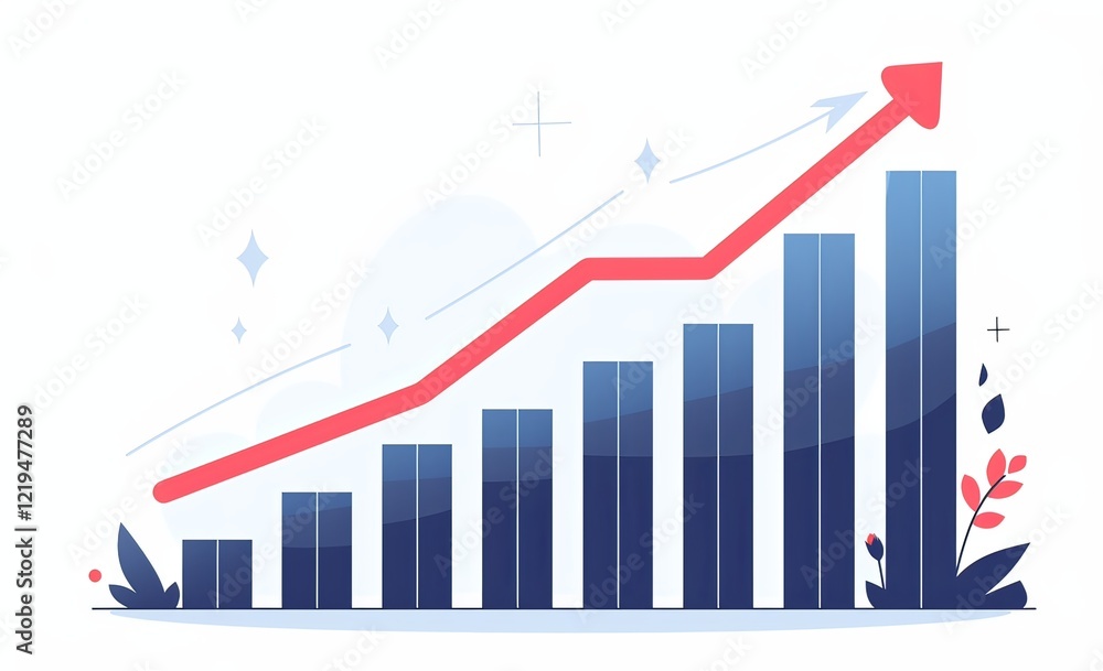 Fototapeta premium an Upward Graph with a Red Arrow Pointing Up and to the Right at the End of the Bar Chart on a White Background.