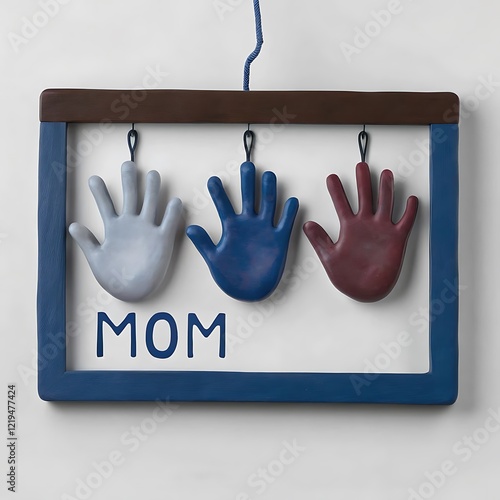 Handmade Family Handprint Frame for Mom with Three Children's Handprints in Blue Gray and Maroon photo