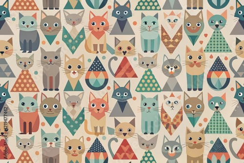 Feline-inspired geometric pattern with cats in various colors, shapes, and sizes, set against a soothing gray or beige background, machinelearning, digitalart photo