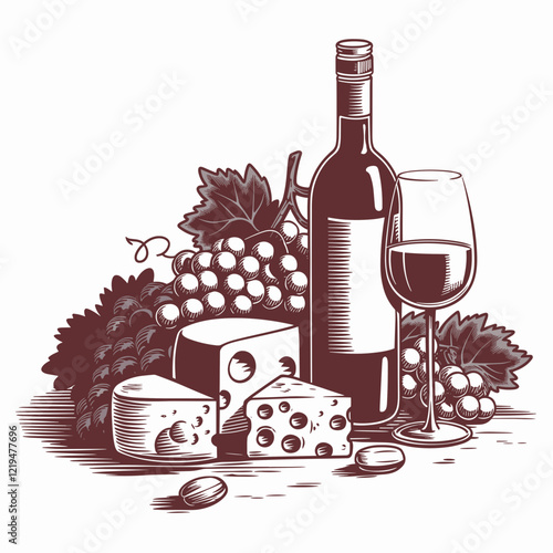 Wine and Cheese Monochrome Illustration with Grapes