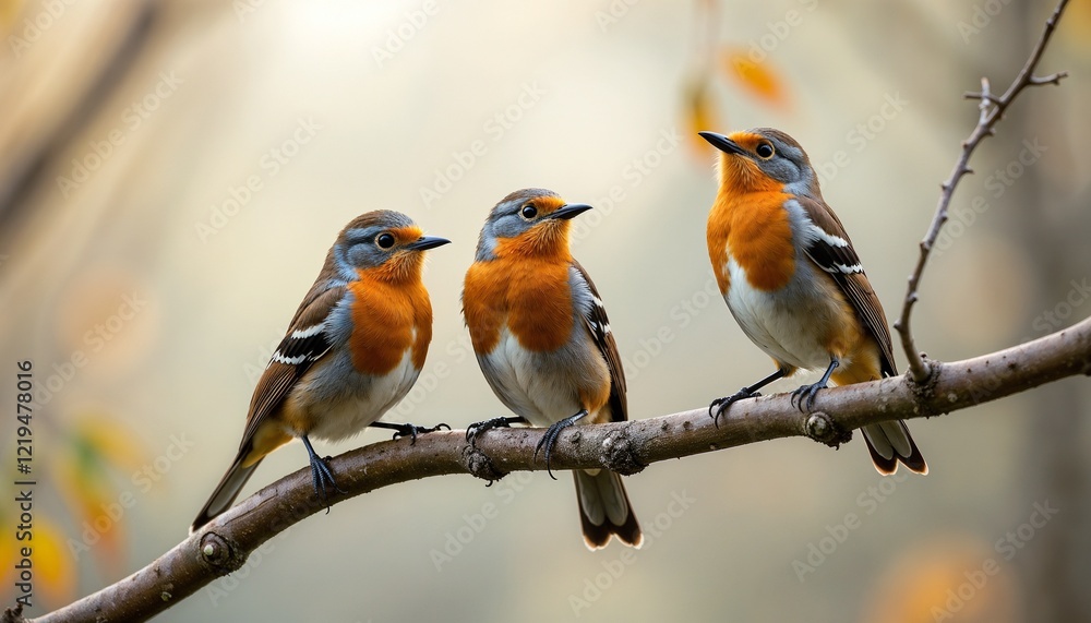 Fototapeta premium Three birds perched on a branch with autumn leaves in a soft-focus background