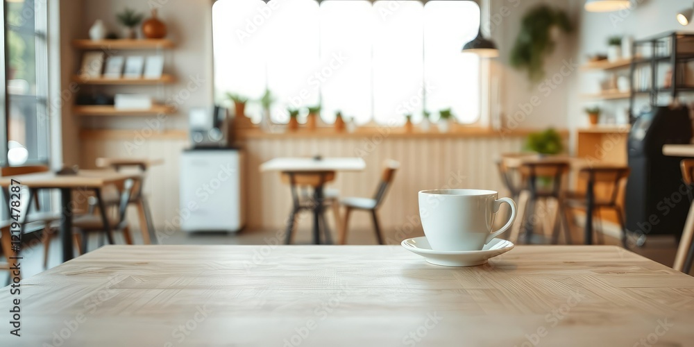 Empty light wood table in a cozy coffee shop setting, hipster, ambiance Empty light wood table in a cozy coffee shop setting, hipster, ambiance