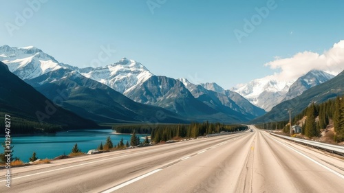 Wallpaper Mural Empty highway stretches along a breathtaking mountain landscape with snow-capped peaks, sparkling lakes, and lush greenery, empty road, serene landscape, asphalt surface Torontodigital.ca