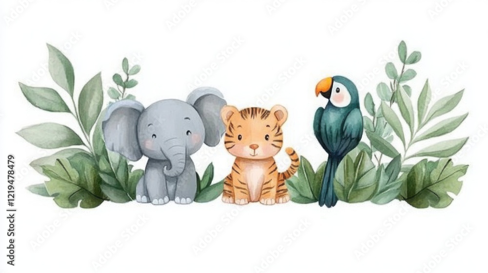 Obraz premium A watercolor illustration of a baby elephant, tiger cub, and parrot surrounded by tropical plants