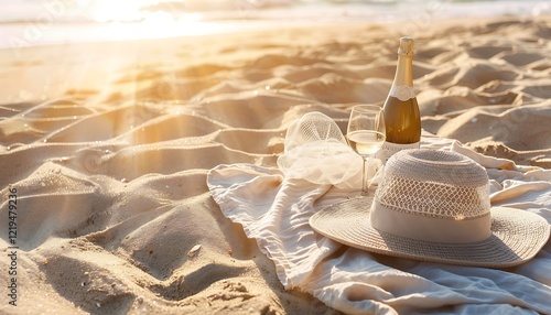 Fototapeta Naklejka Na Ścianę i Meble -  Beach hat, wine and blanket on the sand near the sea