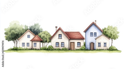 Wallpaper Mural A watercolor illustration of small, charming village houses with red roofs and green gardens Torontodigital.ca