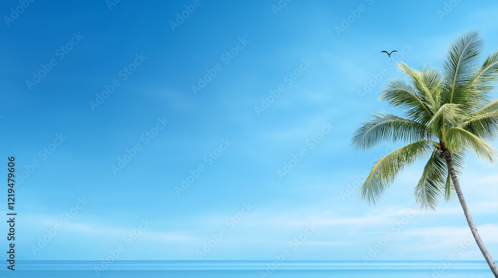 Fototapeta premium Palm tree is on the beach next to the ocean. Minimalistic blue background.