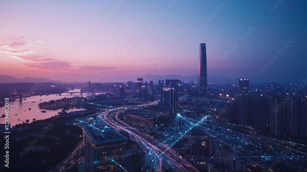 Obraz premium Smart digital Innovation city with connection network reciprocity over the twilight cityscape. of future smart wireless digital city and social media networking systems that connects people with city 