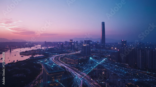 Wallpaper Mural Smart digital Innovation city with connection network reciprocity over the twilight cityscape. of future smart wireless digital city and social media networking systems that connects people with city
 Torontodigital.ca