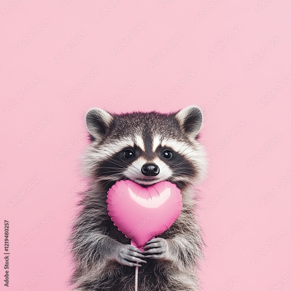Obraz premium A smiling raccoon holds a pink heart-shaped balloon. plain bright colored background.