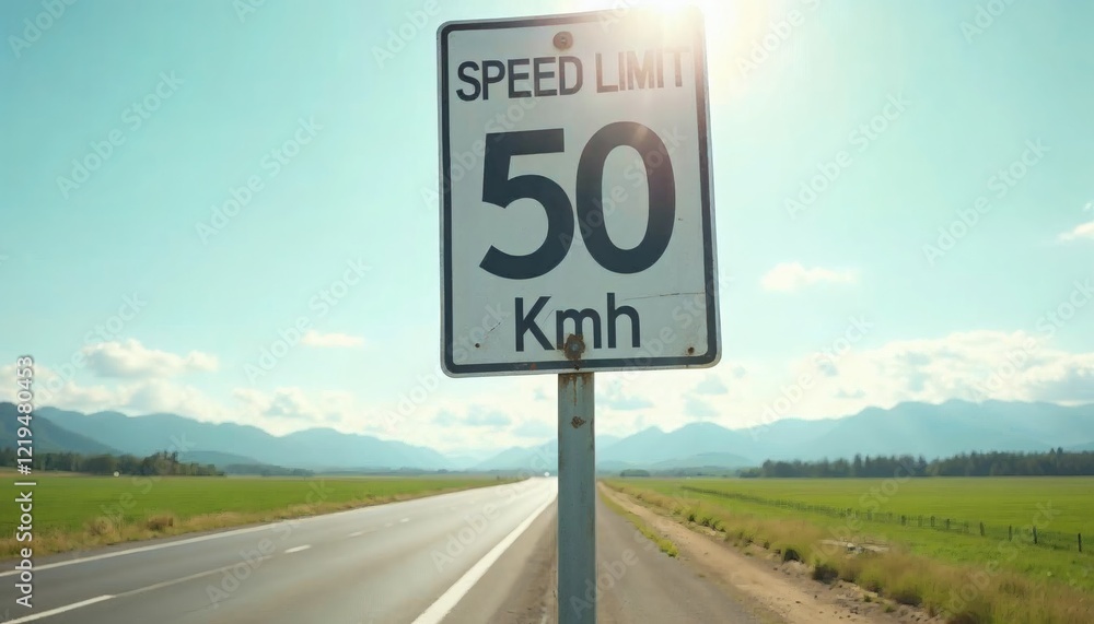 50 Kmh Speed Limit Sign on Open Road Scenic View 50 Kmh Speed Limit Sign on Open Road Scenic View