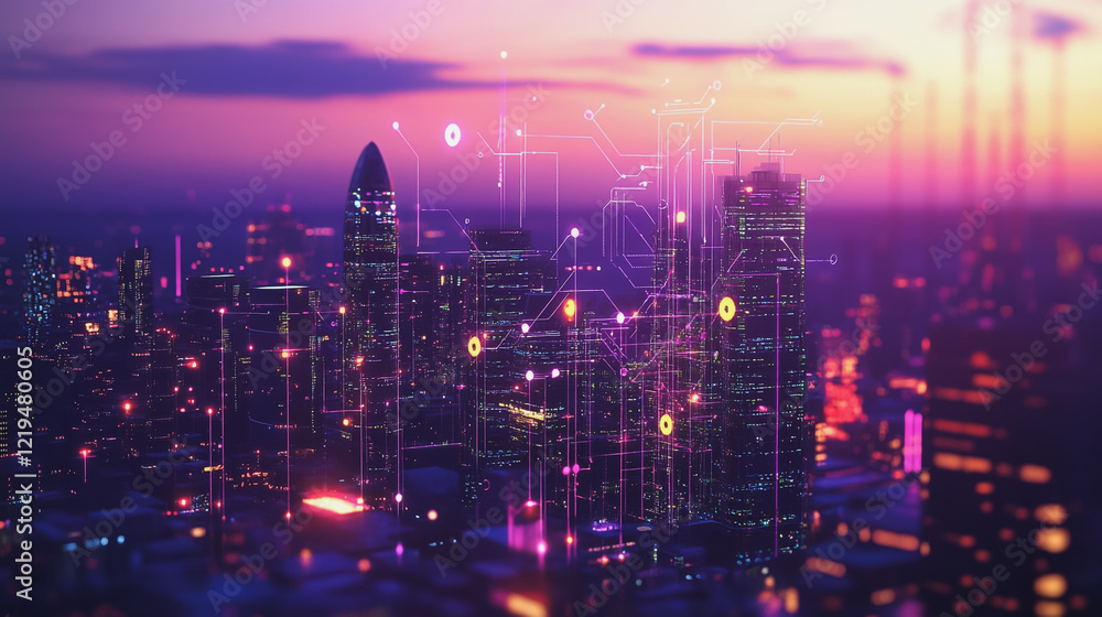 Obraz premium Smart digital Innovation city with connection network reciprocity over the twilight cityscape. of future smart wireless digital city and social media networking systems that connects people with city 