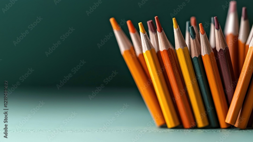 Colored pencils arranged on teal surface, dark background, art supplies Colored pencils arranged on teal surface, dark background, art supplies