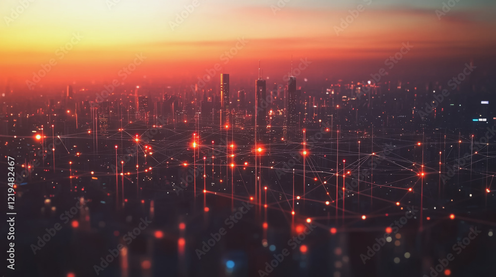 Fototapeta premium Smart digital Innovation city with connection network reciprocity over the twilight cityscape. of future smart wireless digital city and social media networking systems that connects people with city