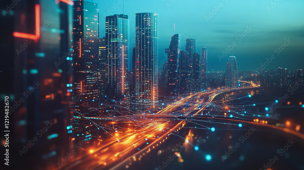 Obraz premium Smart digital Innovation city with connection network reciprocity over the twilight cityscape. of future smart wireless digital city and social media networking systems that connects people with city 