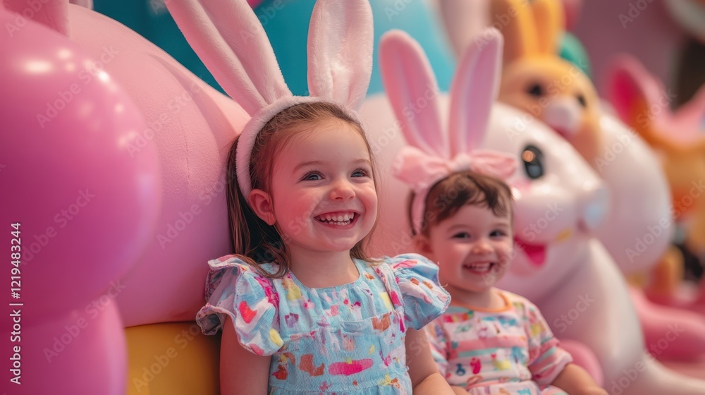 Two little girls joyfully celebrate Easter together, surrounded by colorful decorations and vibrant spring themes. Two little girls joyfully celebrate Easter together, surrounded by colorful decorations and vibrant spring themes.