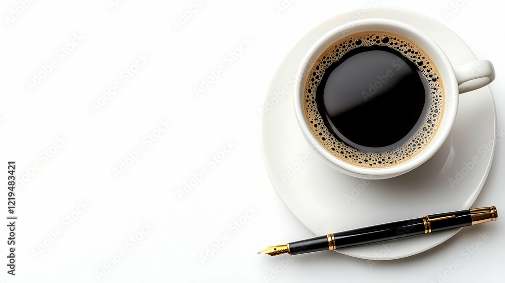 Coffee, pen, white background, workspace, morning Coffee, pen, white background, workspace, morning