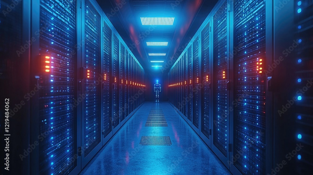 A hallway lined with tall server racks, A hallway lined with tall server racks,