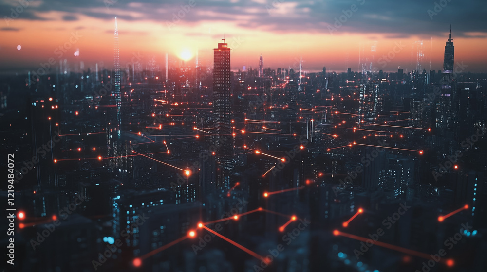 Fototapeta premium Smart digital Innovation city with connection network reciprocity over the twilight cityscape. of future smart wireless digital city and social media networking systems that connects people with city 